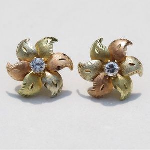 Tricolor 14k Solid Gold CZ Flower Stud Earrings 3/4” 4g